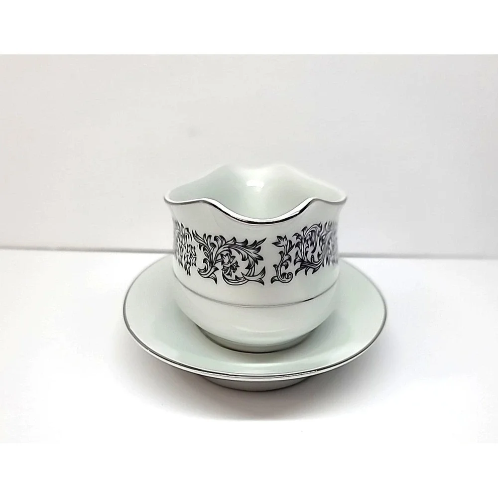 Society Fine China Elegance Pattern Black/White w/Silver Rim Gravy Boat